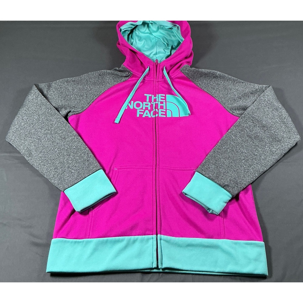 The North Face Womens Pink Grey Teal‎ Full Zip Fleece Hoodie Sweatshirt Size M